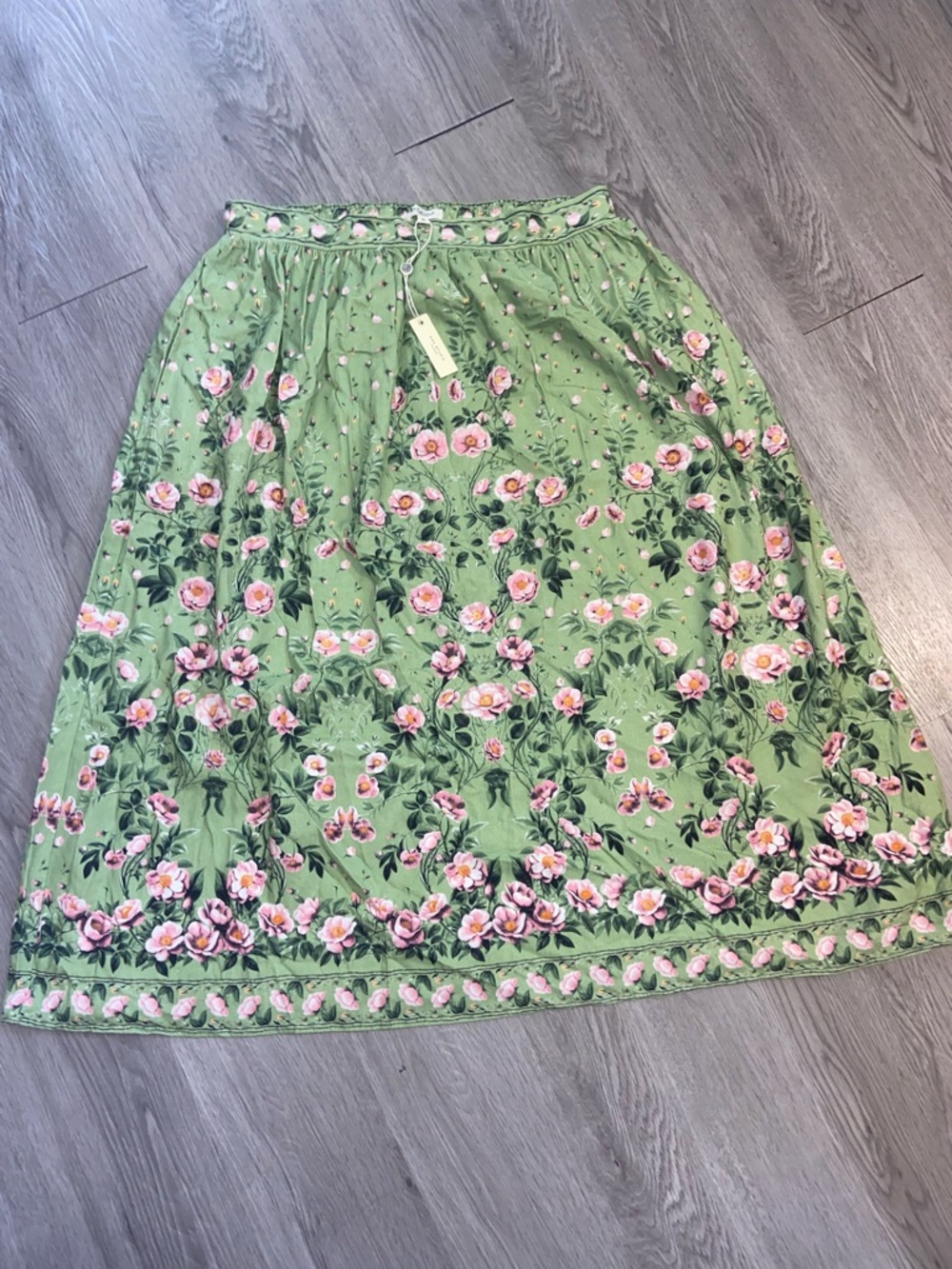 Max Studio Green Midi Skirt with Pink Floral Border